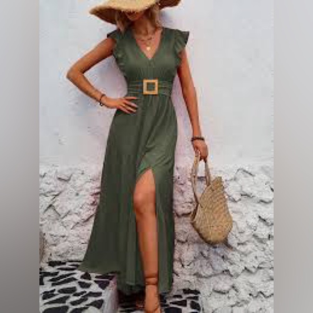 Olive Green V-Neck Tiered Maxi Dress with Waist Belt
